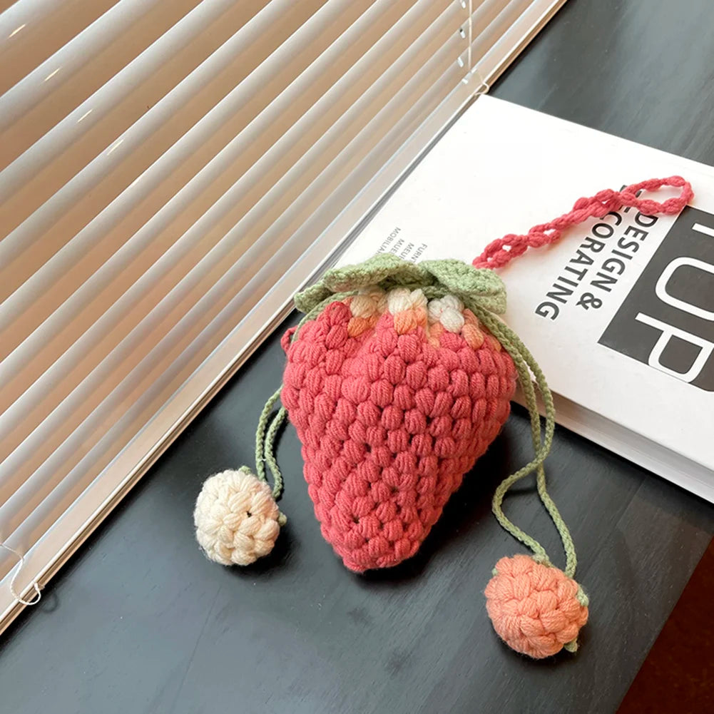Women Kawaii Tote Handbag Versatile Strawberry Crossbody Bag Casual Woven Satchel Bag DIY Cartoon Crochet Bucket Purse