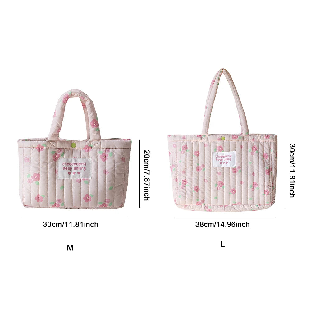 Women Printed Padded Sling Bag Large Capacity Floral Puffer Communting Bag Lightweight Multifunctional Ladies Girls Utility Bag