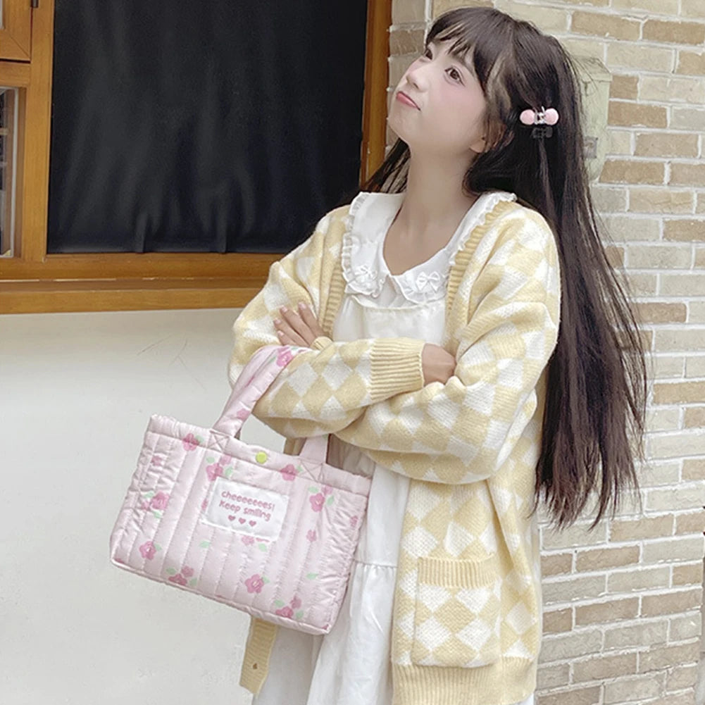 Women Printed Padded Sling Bag Large Capacity Floral Puffer Communting Bag Lightweight Multifunctional Ladies Girls Utility Bag