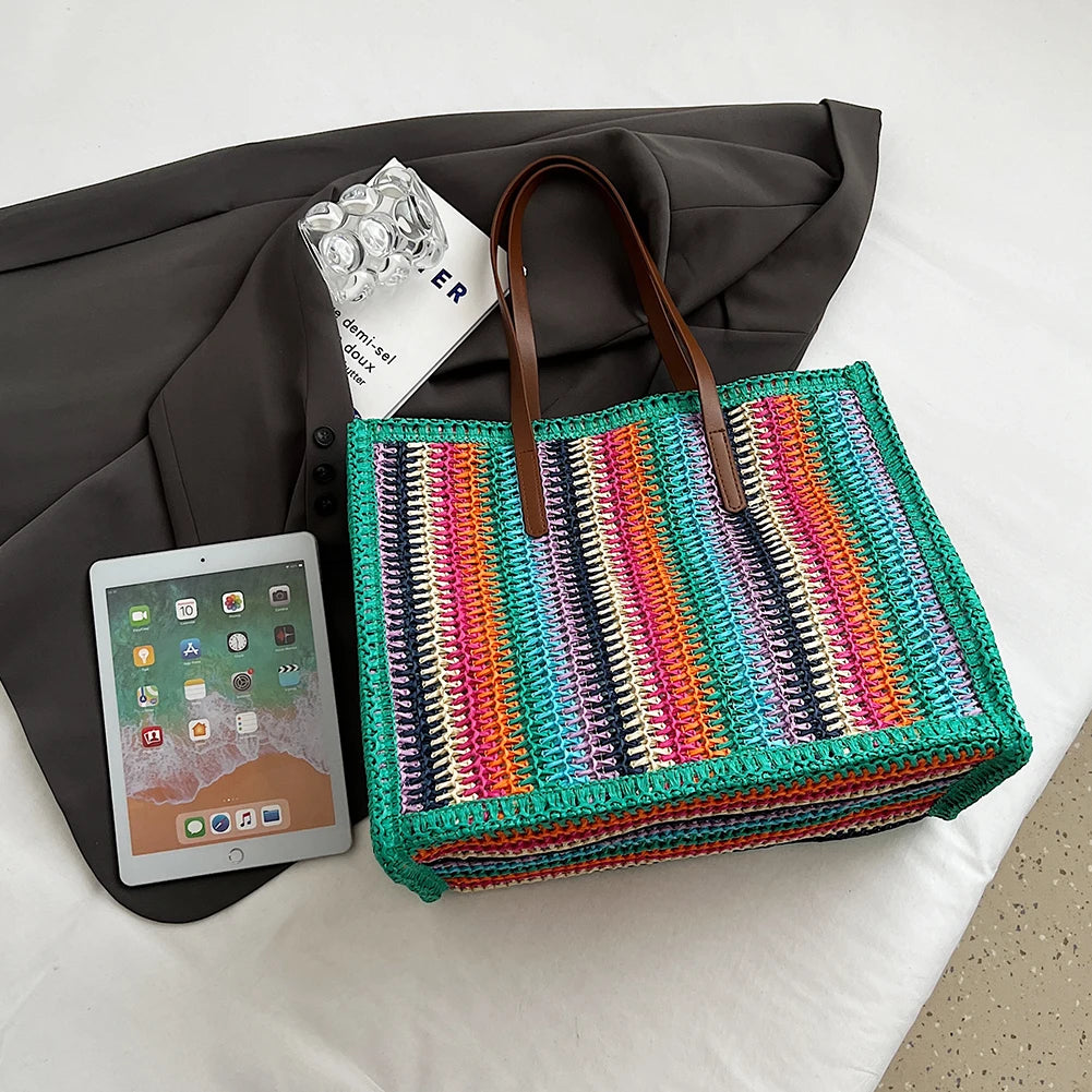 Women Striped Woven Tote Rainbow Straw Shoulder Bag Large Capacity Hand-Woven Tote Bag Straw Woven Handbag Outdoor Travel Bag