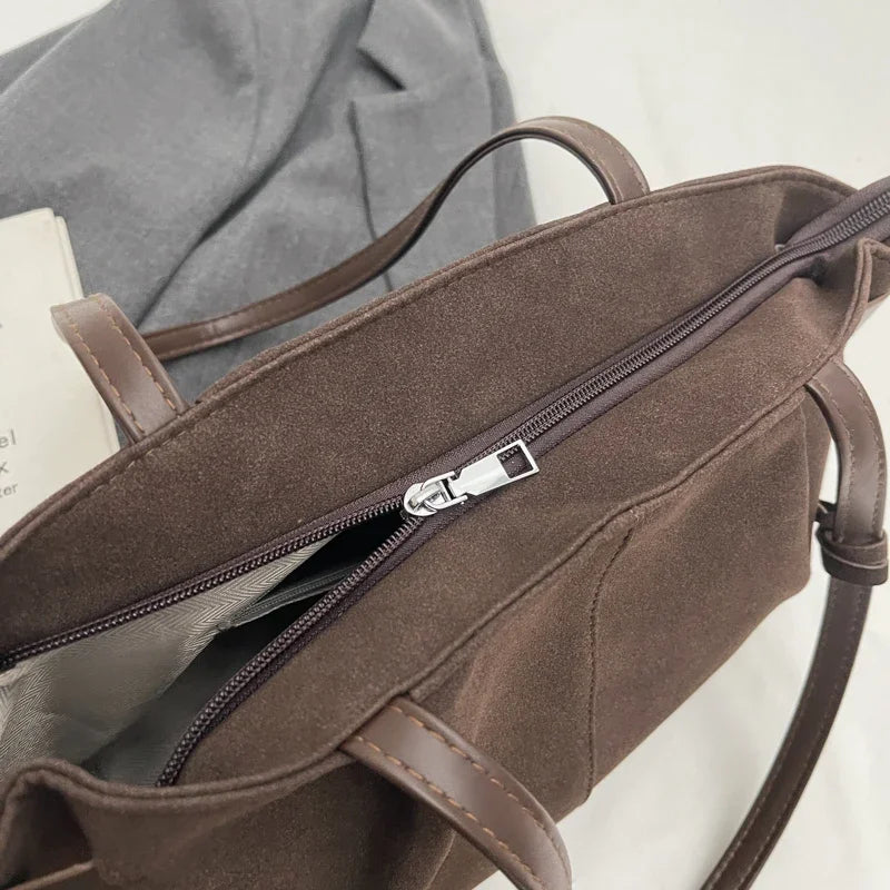 Women Suede Tote Bag with Inner Pocket Underarm Bag with Zipper Solid Color Satchel Bag for Work Travel