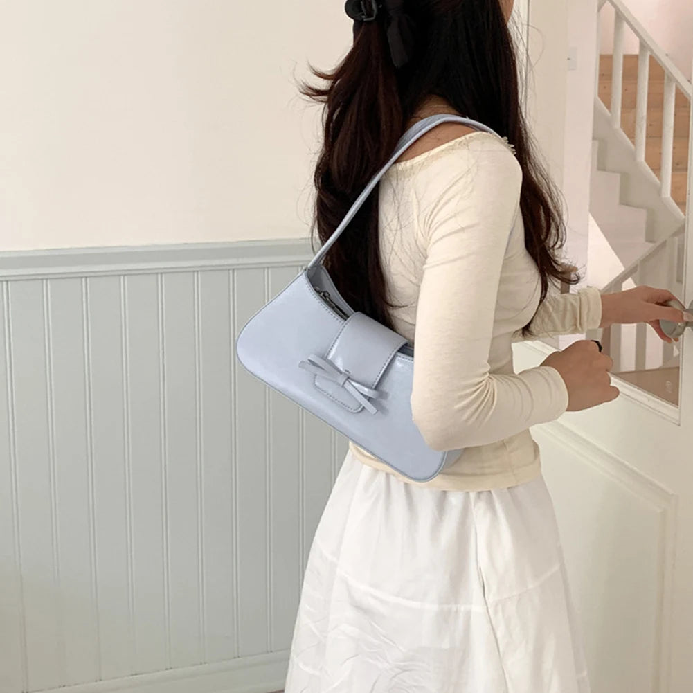Sweet Bow Shoulder Bag with Zipper Closure Fashion Handbag Retro Everyday Purse Trendy Underarm Bag for Women and Girls