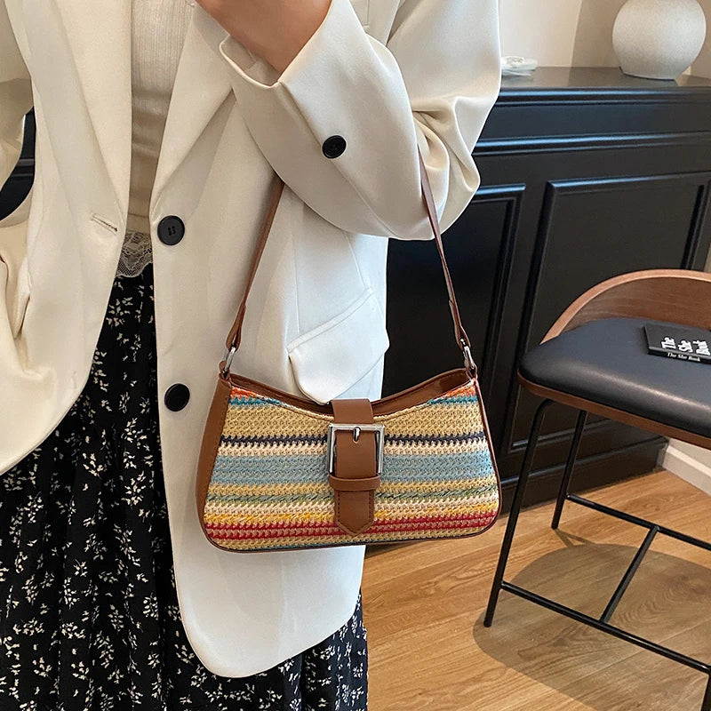 Women Straw Woven Bag Fashion Woven Handbag Large Capacity Weaving Shoulder Purse Handwoven Straw Bag Summer Beach Bag