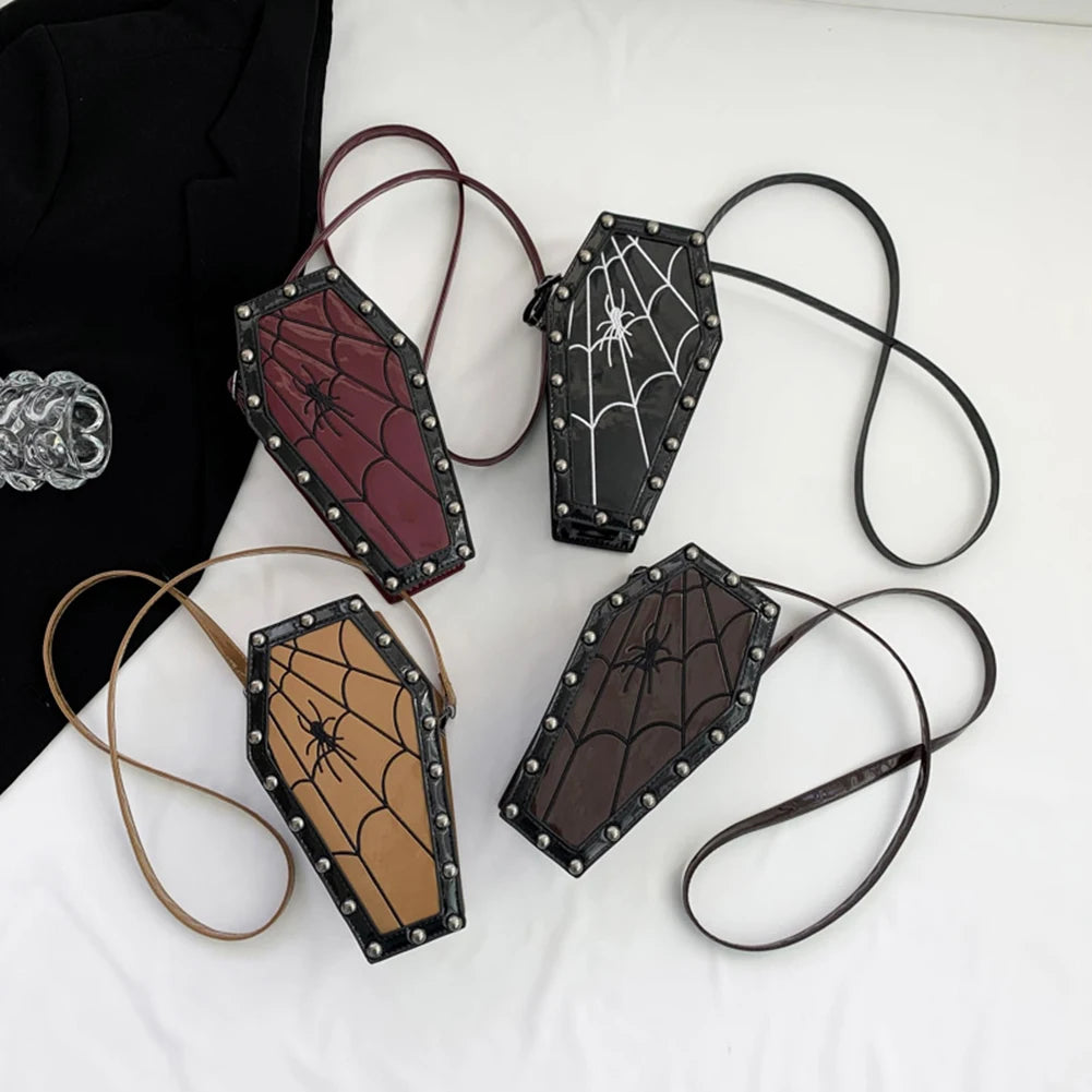 Women Coffin Satchel Purse Cartoon Gothic Crossbody Bag Strap Adjustable Gothic Coin Purse Spider Coffin Bag Halloween Candy Bag