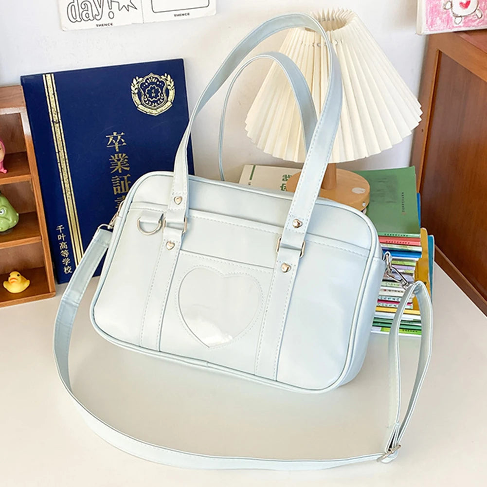 Women Anime Crossbody Bag Transparent Love Heart PU Japanese School Bag Adjustable Strap Shoulder Uniform Bag Chic Commuting Bag