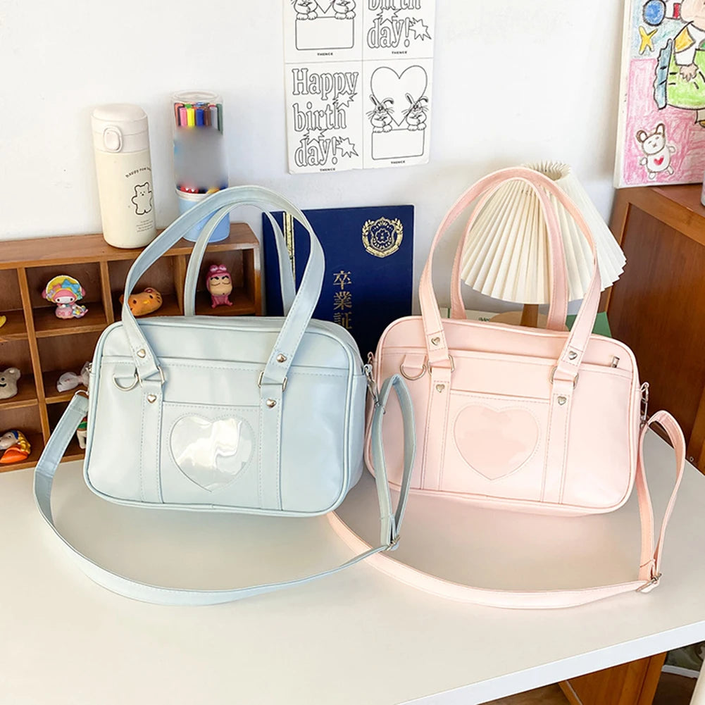 Women Anime Crossbody Bag Transparent Love Heart PU Japanese School Bag Adjustable Strap Shoulder Uniform Bag Chic Commuting Bag