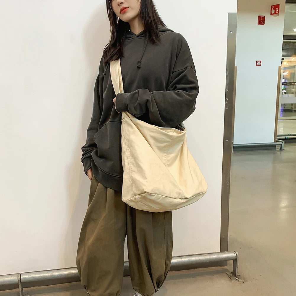 Japanese Harajuku Canvas Shoulder Bag Solid Color Retro Crossbody Messenger Handbags Soft Pockets Large Capacity for Travel