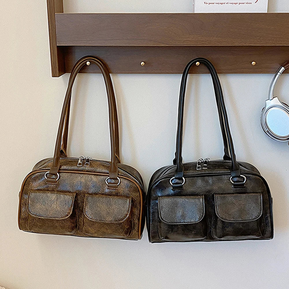 Women Fashion Armpit Bag Double Pocket PU Small Casual Handbag Solid Color Stylish Underarm Bags Large Capacity Retro Handbag