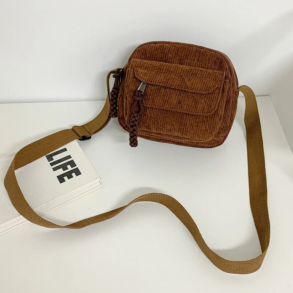 Women Corduroy Crossbody Bag Simple Multi Layer Shoulder Bag Versatile Small Square Bag Satchel Hobo Bag Travel Holiday Purse