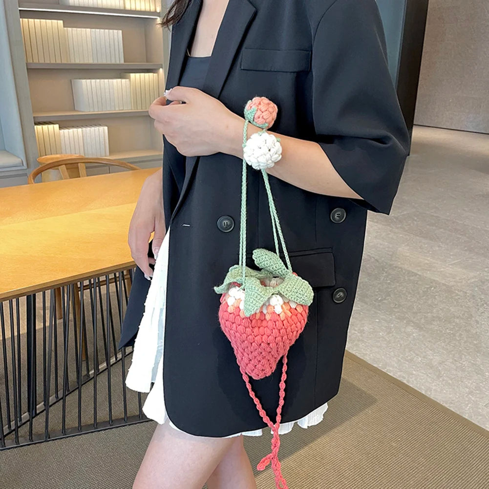Women Kawaii Tote Handbag Versatile Strawberry Crossbody Bag Casual Woven Satchel Bag DIY Cartoon Crochet Bucket Purse