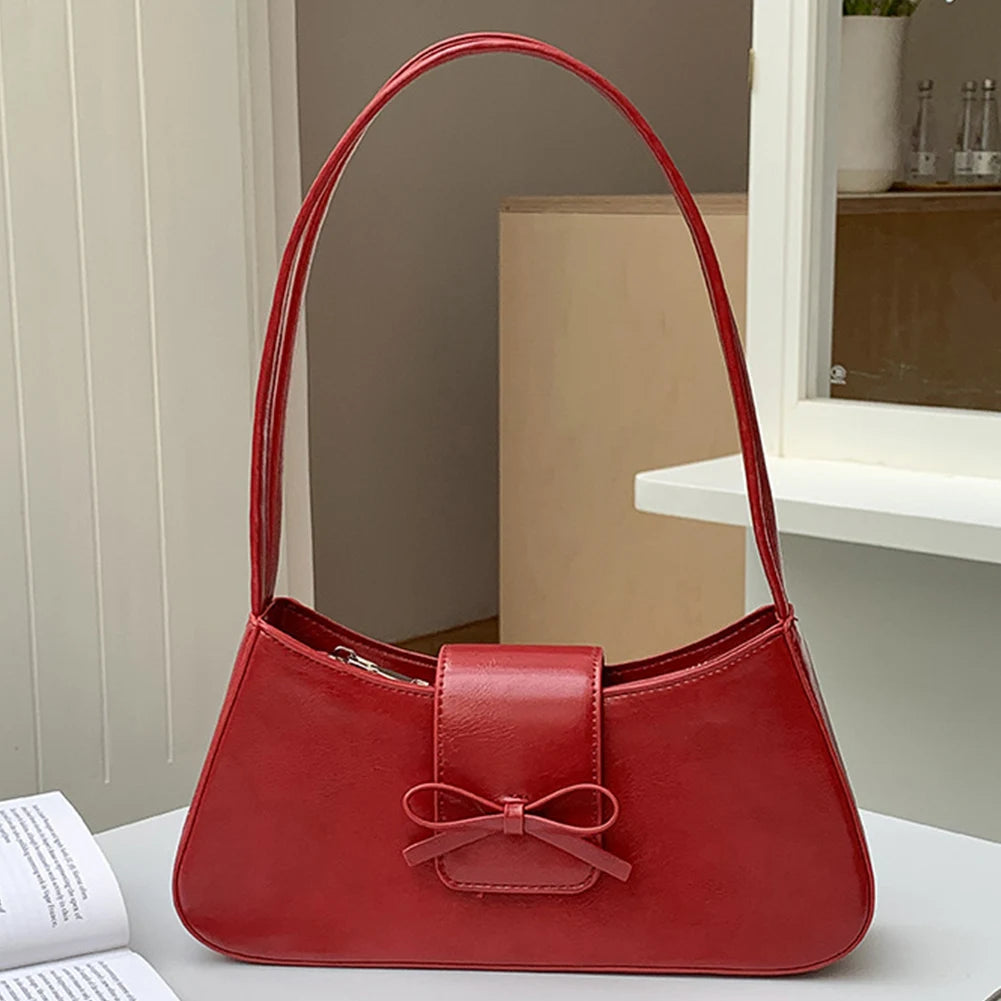 Sweet Bow Shoulder Bag with Zipper Closure Fashion Handbag Retro Everyday Purse Trendy Underarm Bag for Women and Girls