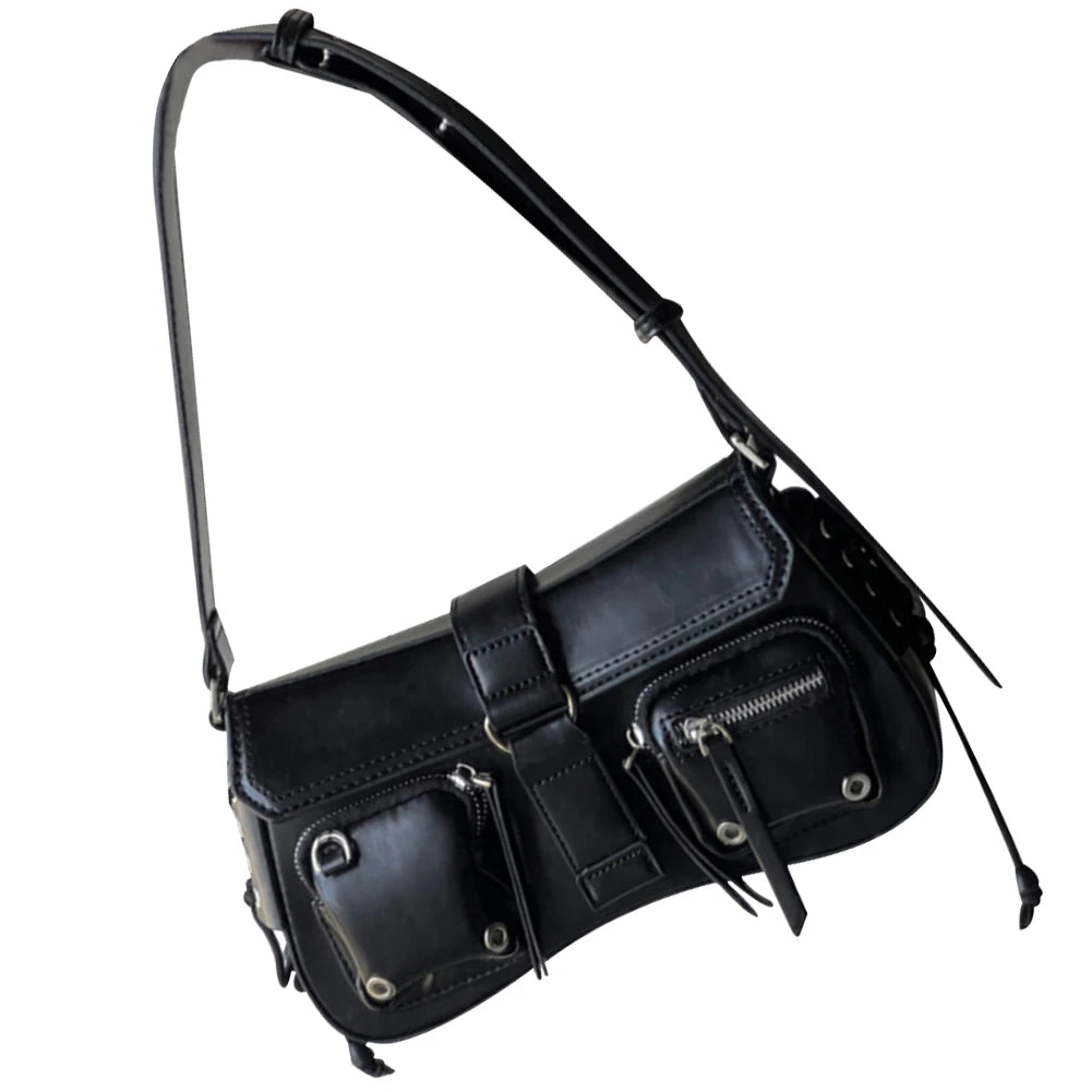 Women Punk Shoulder Bag PU Leather Retro Hobo Bag Multipocket Y2K Adjustable Strap Female Commute Daily Bag