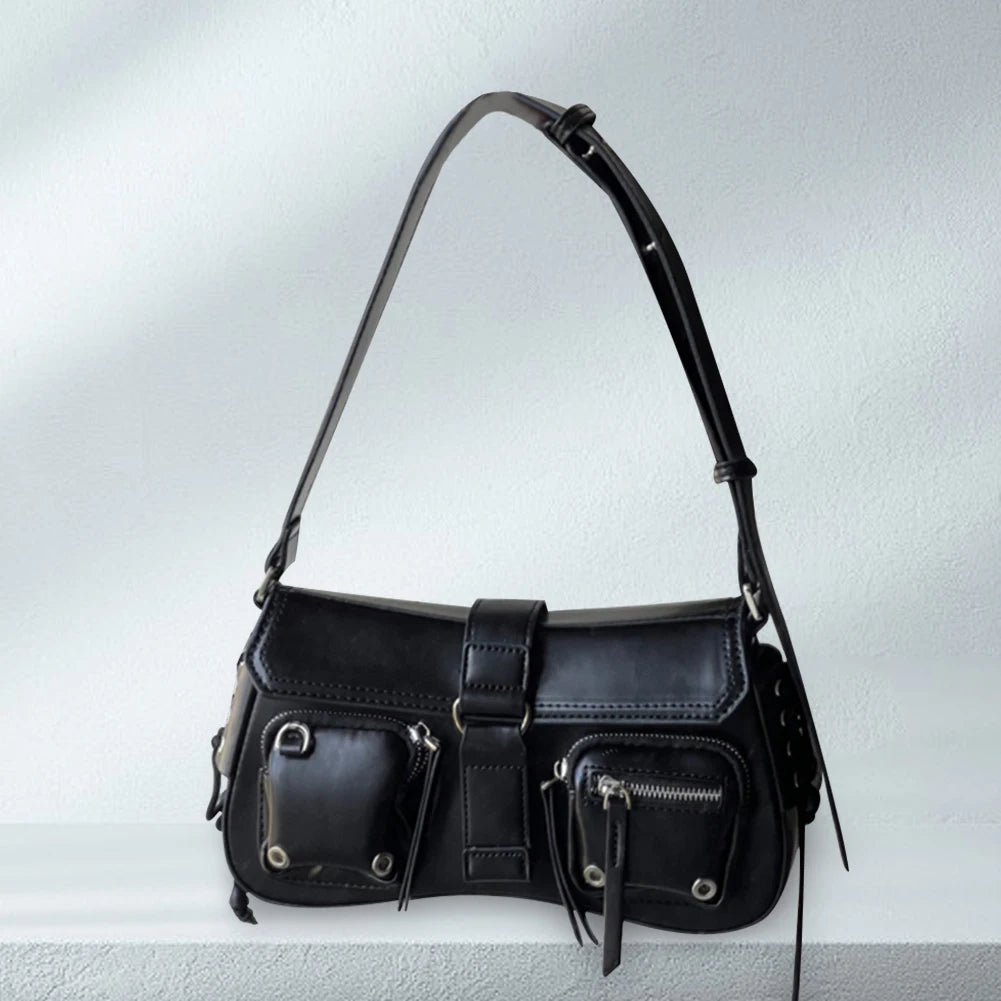 Women Punk Shoulder Bag PU Leather Retro Hobo Bag Multipocket Y2K Adjustable Strap Female Commute Daily Bag