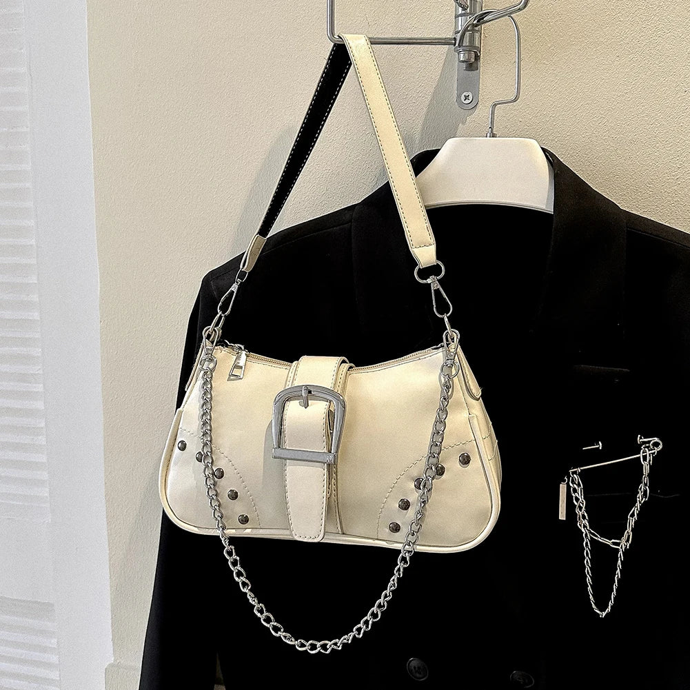 Women Armpit Bag Fashion Cool Style Crescent Bag Solid Color for Lady Girl Chic Large Bag with Chain Ornament
