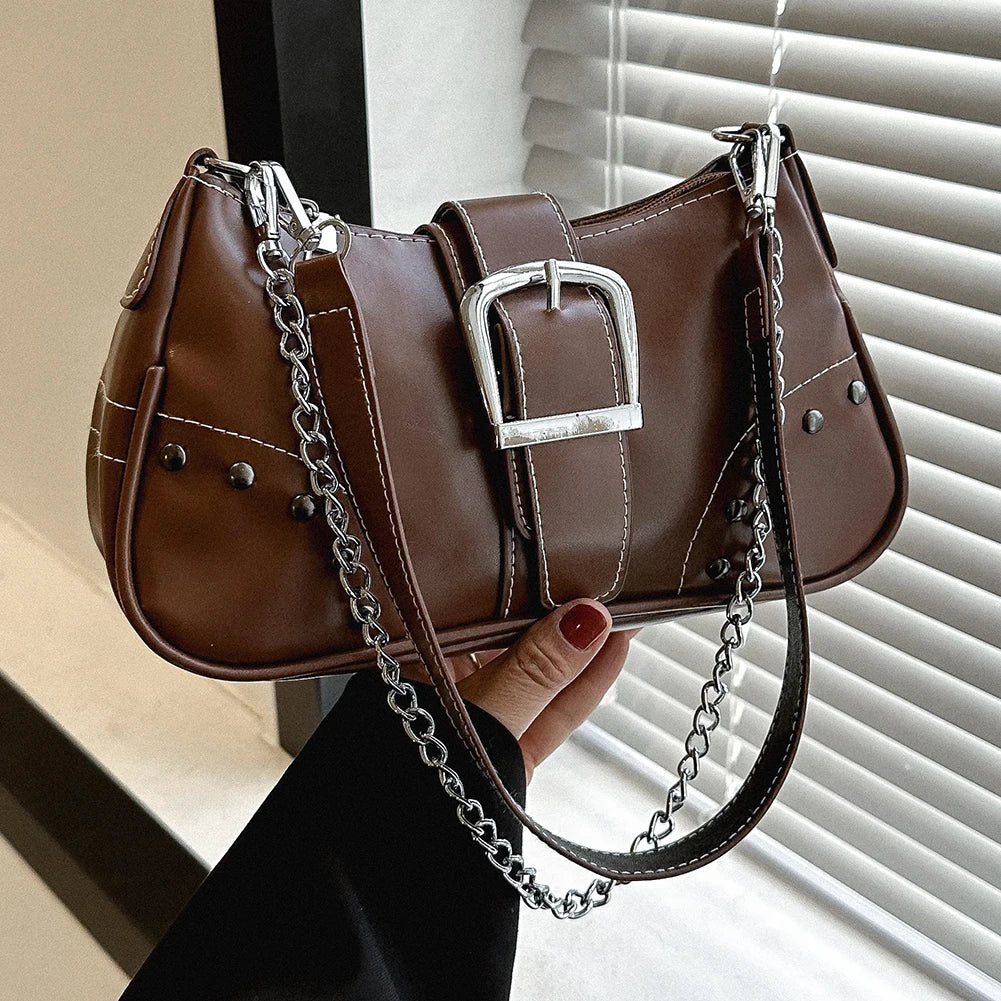 Women Armpit Bag Fashion Cool Style Crescent Bag Solid Color for Lady Girl Chic Large Bag with Chain Ornament