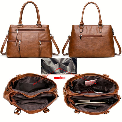 Perfect Lily Women's Vintage Synthetic Leather Tote Bag - Large Capacity Multi-Compartment Handbag with Adjustable & Detachable Strap, Golden-Tone Hardware & Zipper Closure, Classic Square Shape in Coffee Brown/Black/Natural