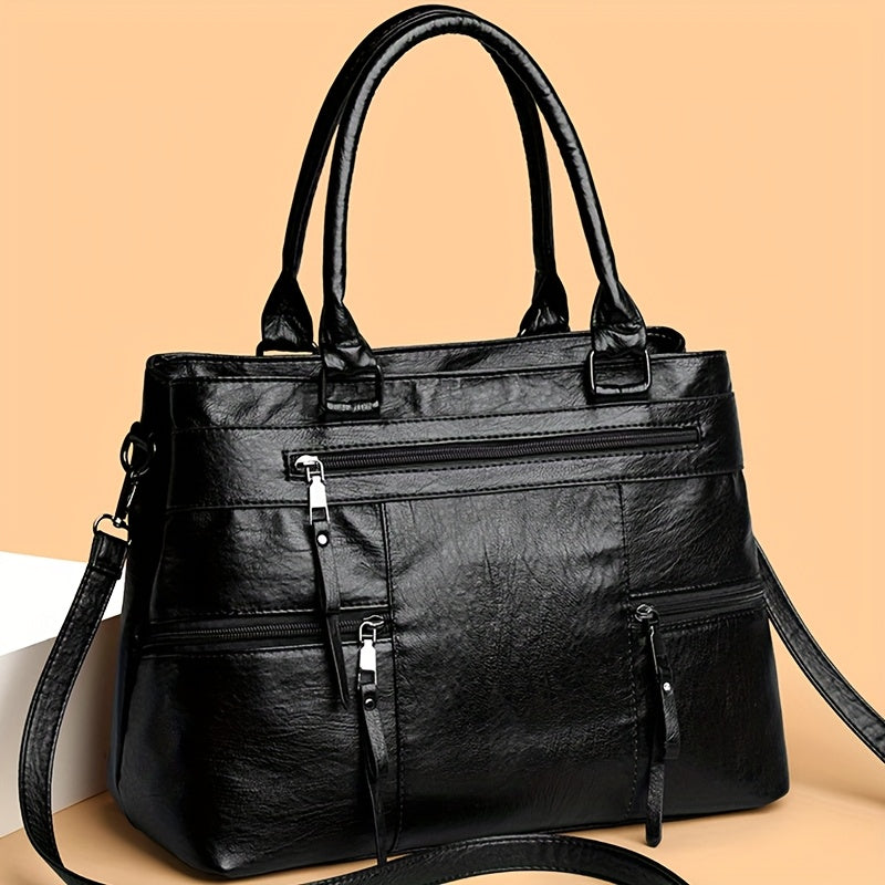 Perfect Lily Women's Vintage Synthetic Leather Tote Bag - Large Capacity Multi-Compartment Handbag with Adjustable & Detachable Strap, Golden-Tone Hardware & Zipper Closure, Classic Square Shape in Coffee Brown/Black/Natural