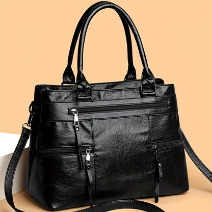 Perfect Lily Women's Vintage Synthetic Leather Tote Bag - Large Capacity Multi-Compartment Handbag with Adjustable & Detachable Strap, Golden-Tone Hardware & Zipper Closure, Classic Square Shape in Coffee Brown/Black/Natural