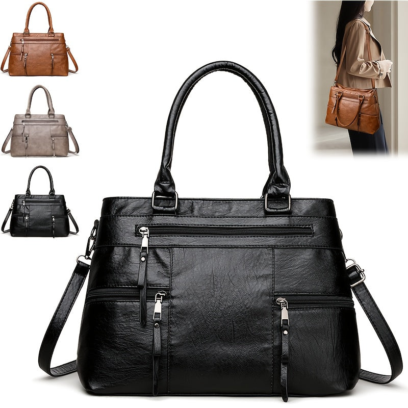 Perfect Lily Women's Vintage Synthetic Leather Tote Bag - Large Capacity Multi-Compartment Handbag with Adjustable & Detachable Strap, Golden-Tone Hardware & Zipper Closure, Classic Square Shape in Coffee Brown/Black/Natural