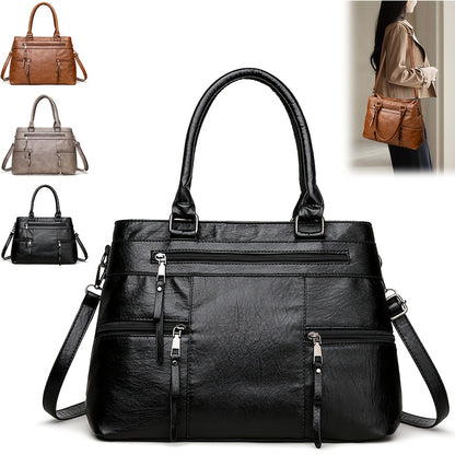 Perfect Lily Women's Vintage Synthetic Leather Tote Bag - Large Capacity Multi-Compartment Handbag with Adjustable & Detachable Strap, Golden-Tone Hardware & Zipper Closure, Classic Square Shape in Coffee Brown/Black/Natural