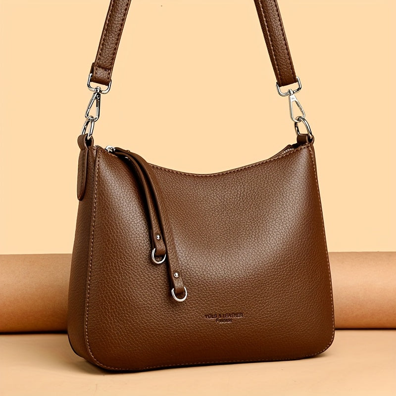 Women's Soft Synthetic Leather Tote Bag with Adjustable & Detachable Strap, Zipper Closure - Minimalist Elegant Design for Commuting, Shopping, Work - Available in Black, Khaki, Gray, Red, Shopping Handbag, Sleek Modern Handb