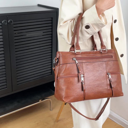 Perfect Lily Women's Vintage Synthetic Leather Tote Bag - Large Capacity Multi-Compartment Handbag with Adjustable & Detachable Strap, Golden-Tone Hardware & Zipper Closure, Classic Square Shape in Coffee Brown/Black/Natural