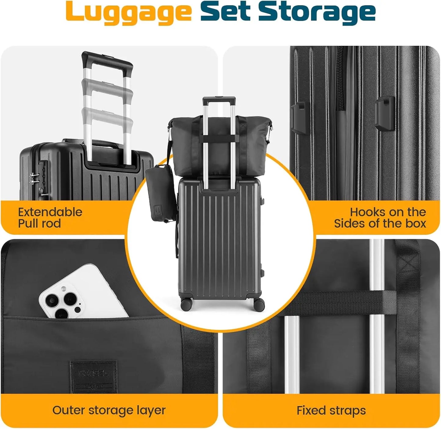 3 Piece Carry On Luggage Set ABS PC Suitcases Travel Case With Wheel Hardshell 20 inch Roller Luggage With Duffel Bag Travel Bag