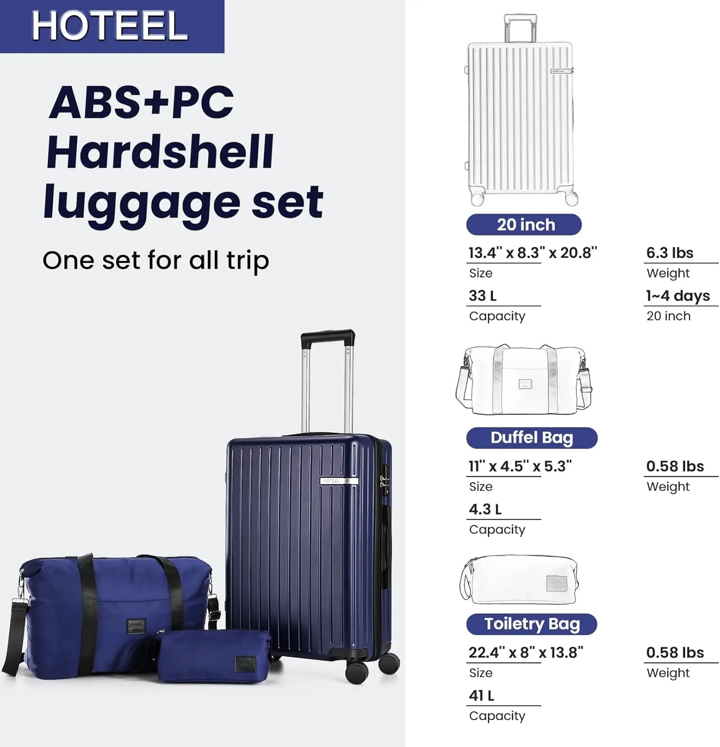 3 Piece Carry On Luggage Set ABS PC Suitcases With Wheel Hardshell 20 inch Roller Luggage Travel Case With Duffel Bag Travel Bag