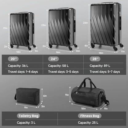 5 Piece PC Hardshell Luggage Set Travel Suitcase With Spinner Wheel TSA Lock 20/24/28" Suitcase Fitness Duffel Bag Cosmetic Bag