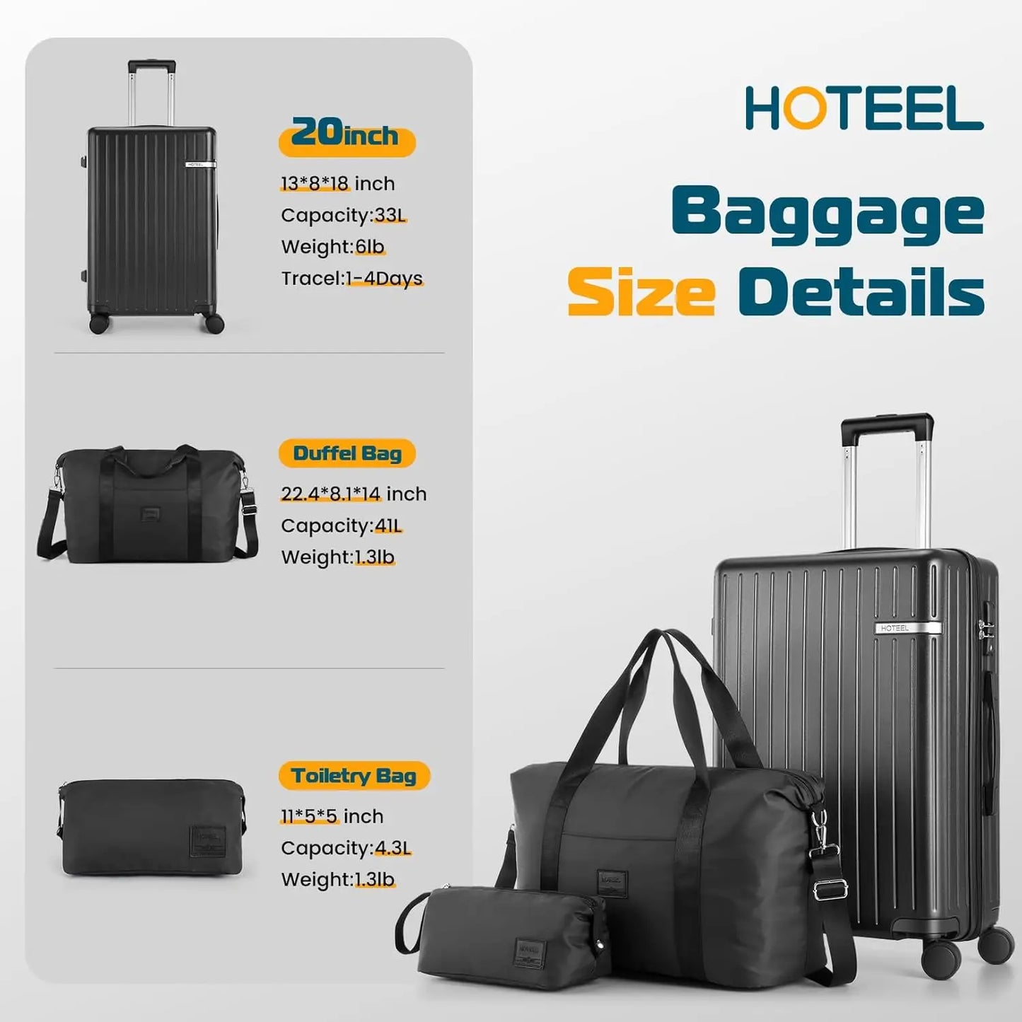 3 Piece Carry On Luggage Set ABS PC Suitcases Travel Case With Wheel Hardshell 20 inch Roller Luggage With Duffel Bag Travel Bag