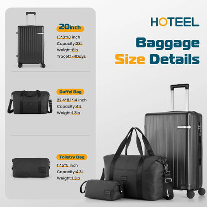 3 Piece Carry On Luggage Set ABS PC Suitcases Travel Case With Wheel Hardshell 20 inch Roller Luggage With Duffel Bag Travel Bag