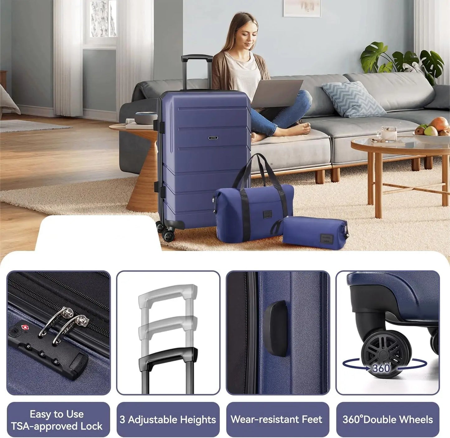 20in Luggage Sets 3 Piece ABS+PC Hardshell Carry on Suitcase with Spinner Wheels&TSA Lock,Case for Plane, Travel, Business