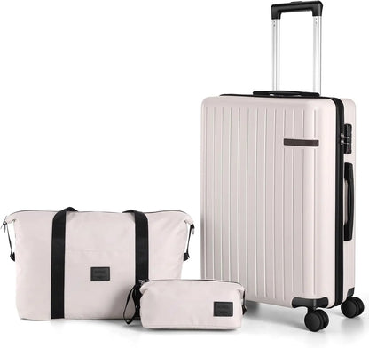 3 Piece Carry On Luggage Set ABS PC Suitcases Travel Case With Wheel Hardshell 20 inch Roller Luggage With Duffel Bag Travel Bag