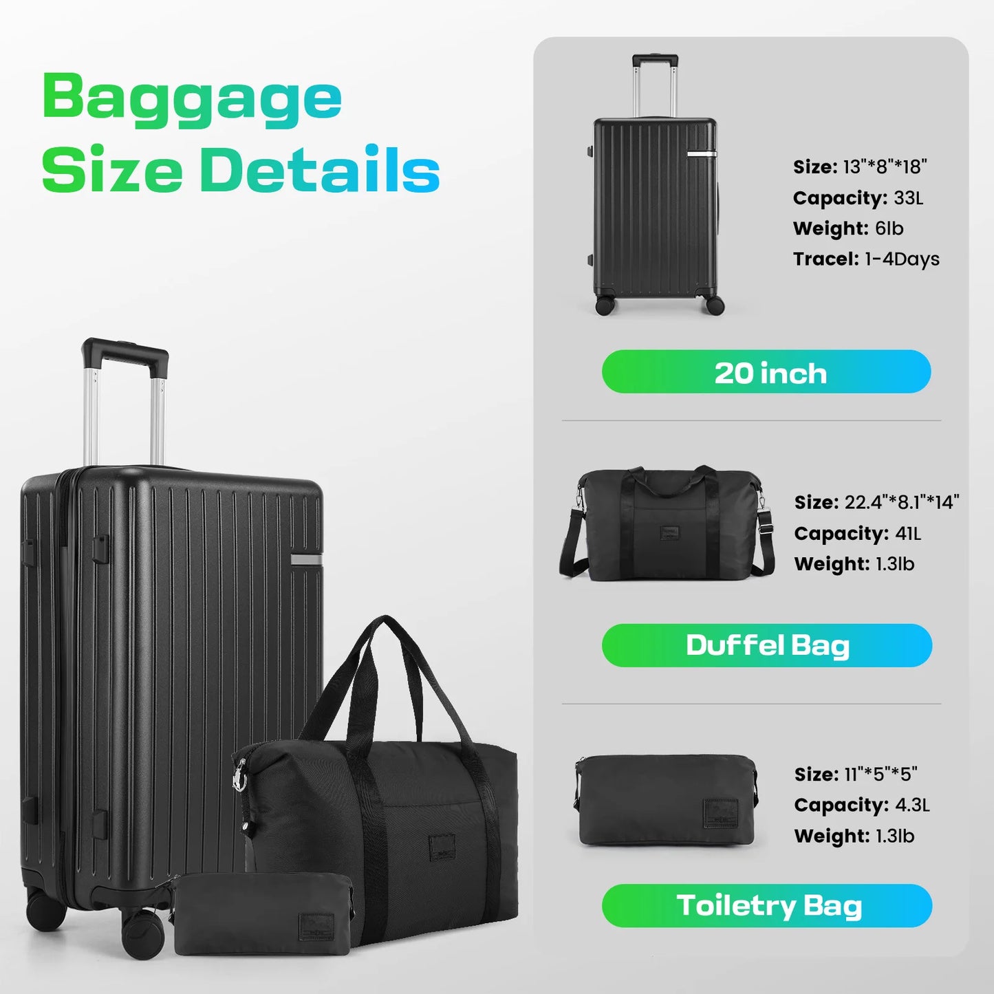 3 Piece Luggage Set with TSA Lock, Hardshell Carry-on Suitcase with Spinner Wheels, Travel Collection with Duffel & Toiletry Bag