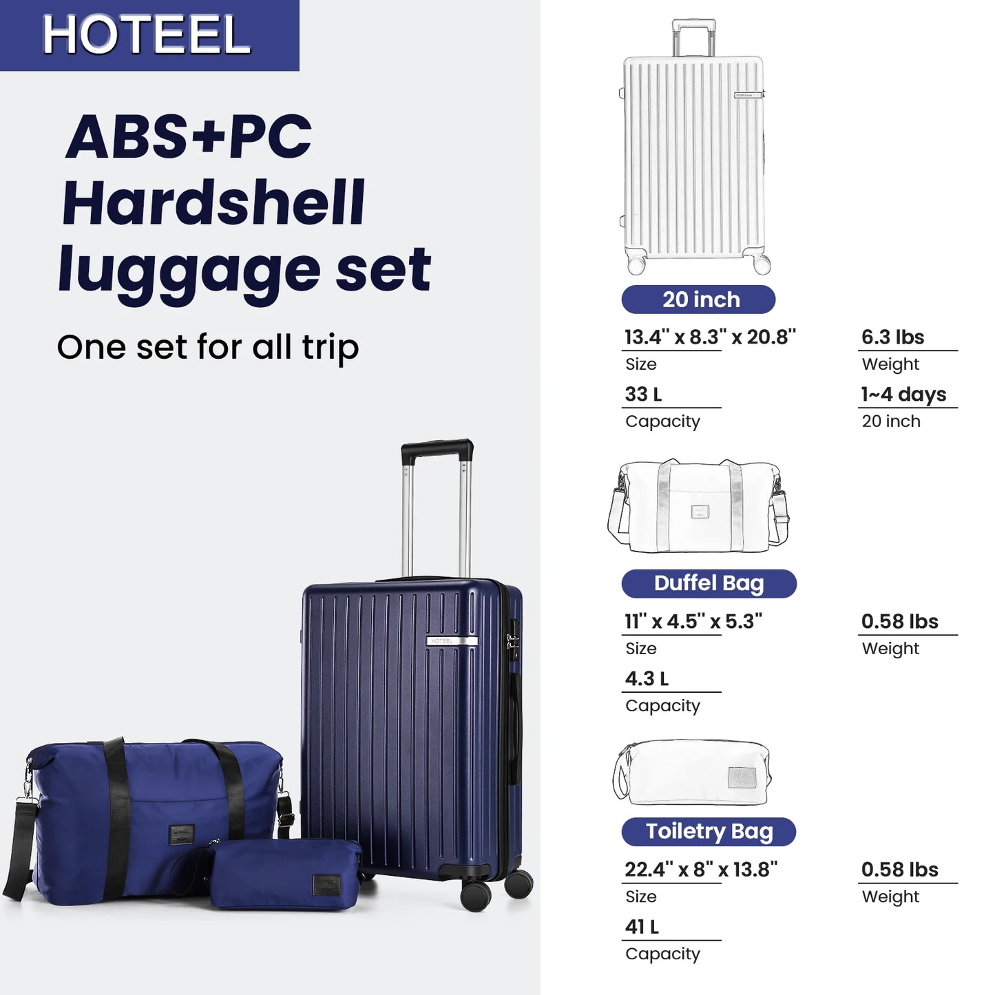 Carry on Luggage Sets 3 Piece ABS PC Suitcases with Wheels Hardshell 20 inch Luggage with Duffel Bag Travel Bag