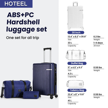 Carry on Luggage Sets 3 Piece ABS PC Suitcases with Wheels Hardshell 20 inch Luggage with Duffel Bag Travel Bag