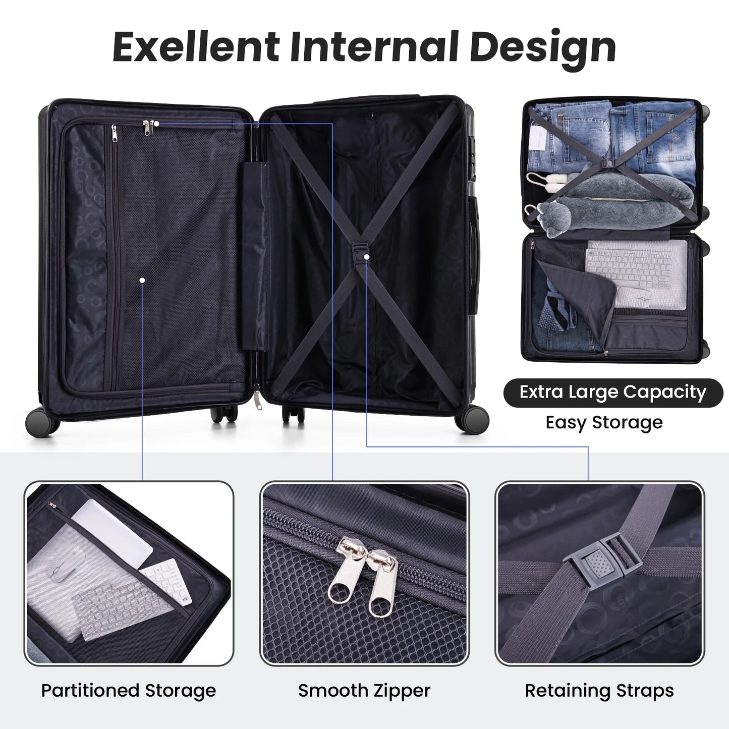 Carry on Luggage Sets 5 Piece ABS PC Suitcases with Wheels Hardshell 20/24/28inch Luggage with Duffel Bag Travel Bag