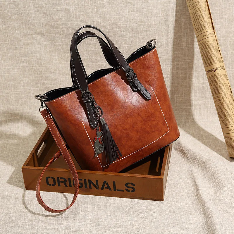 New Women’s Fashionable Handbag – Trendy Korean Bucket Bag with Tassel Pendant, Vintage Shoulder Tote