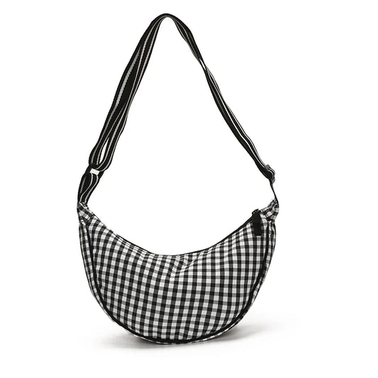 Checkered Nylon Crescent Hobos Shoulder Purse for Women Casual Crossbody Purse Lightweight Sling Bag with Adjustable Strap