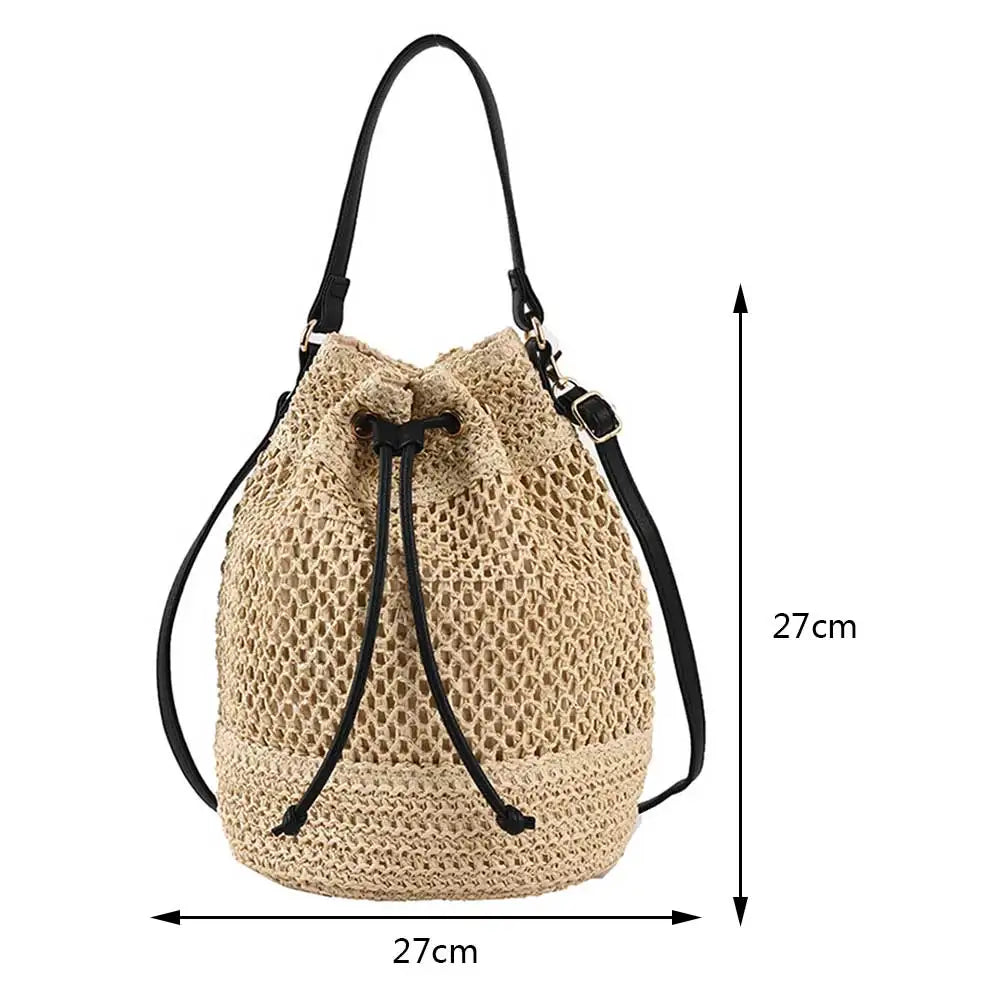 Summer Hand-Woven Handbag Drawstring Straw Beach Crossbody Bags Adjustable Strap Fashion Portable Elegant for Weekend Vacation
