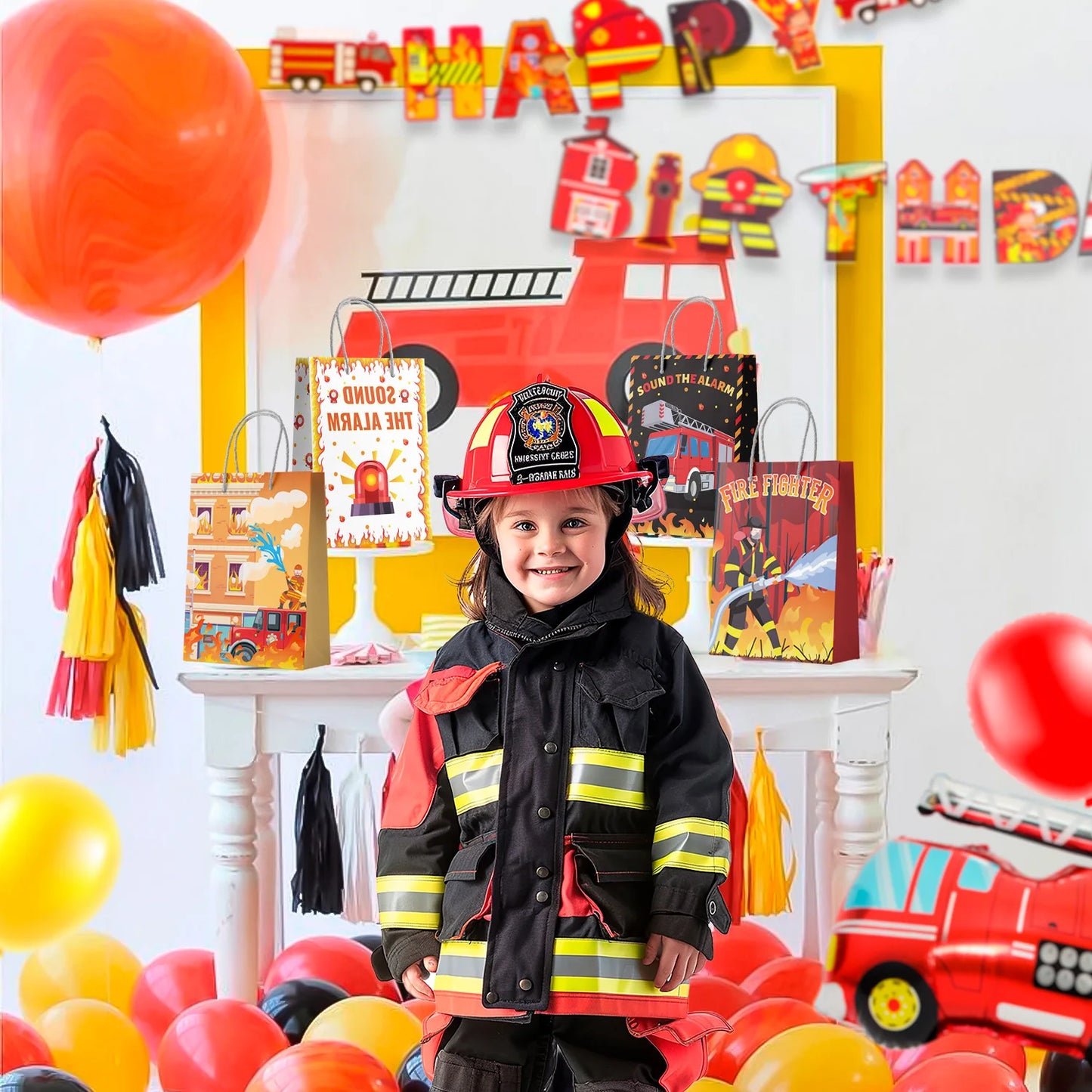 Firetruck Gift Bags,Fire Truck Party Favor Bags Set-Firetruck Birthday Gift Bags,Firefighter Party Bags&Fire Truck Goodie Bags