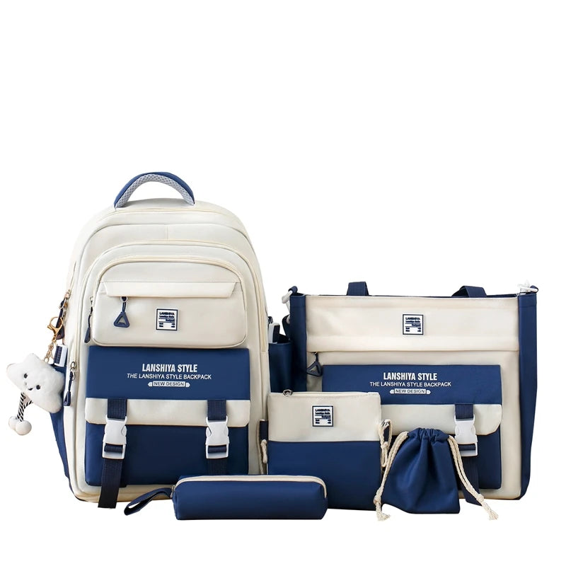 5pcs solid color backpack set, large capacity backpack, simple handbag and coin purse, casual crossbody bag, pencil case handbag