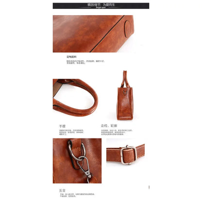 Women's Stylish Oil Wax Leather Handbag – European & American Fashion Tote with Crossbody Inner Bag