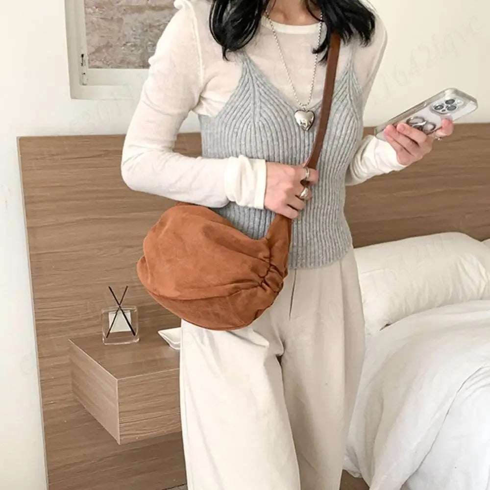 Suede Shoulder Bag for Women Men Ruched Handbag Adjustable Strap Crescent Bag Suede Hobo Bag with Multi-Pockets for Coummuting