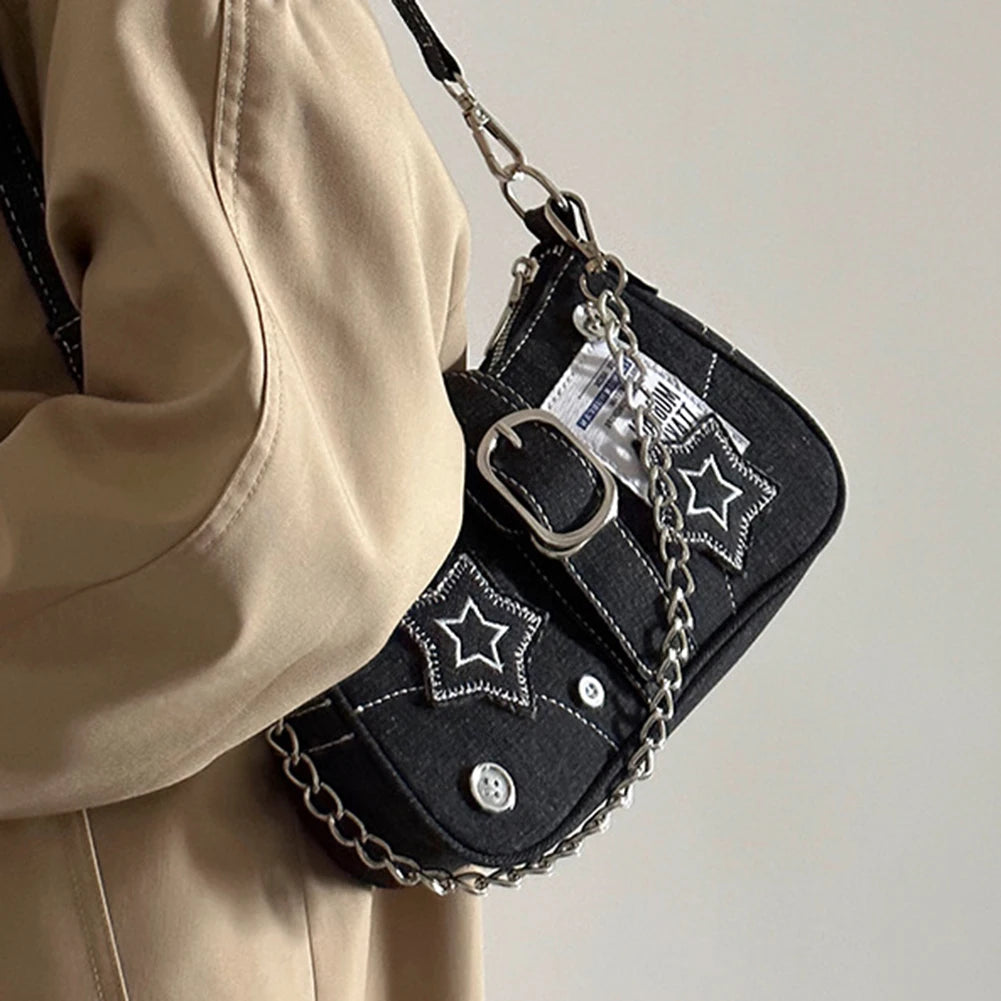 Women Casual Clutch Handbag Large Capacity Y2K Star Denim Underarm Bag Fashion Shoulder Bag Solid Color Chic Hobo Chain Bag