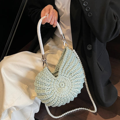 Handwoven Seashell Women Beach Shoulder Bag Solid Color Pearls Chain Crossbody Bag Multifunctional Novelty Small Handbags