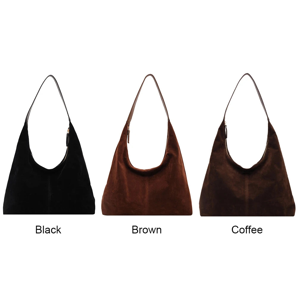 Women Suede Tote Bag with Zipper Shoulder Bag PU Leather Large Capacity Hobo Bag Solid Slouchy Bag Commuter Travel Bag