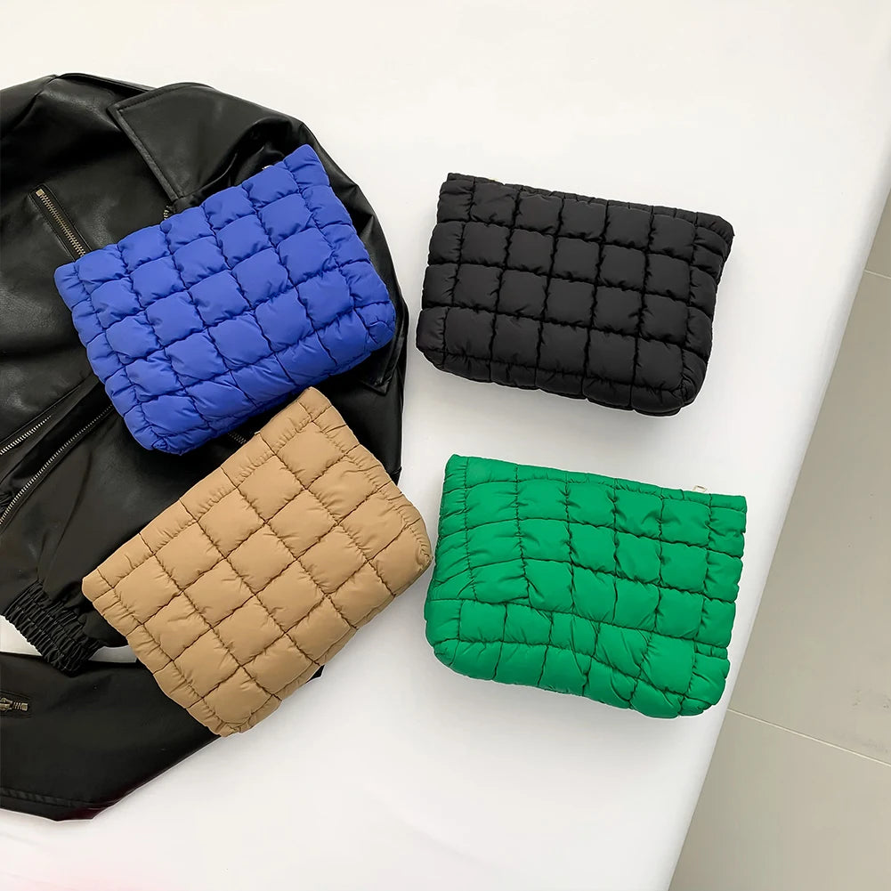 Quilted Travel Makeup Pouch Puffy Toiletry Bag with Zipper Makeup Organizer Storage Bag Solid Color for Women and Girls