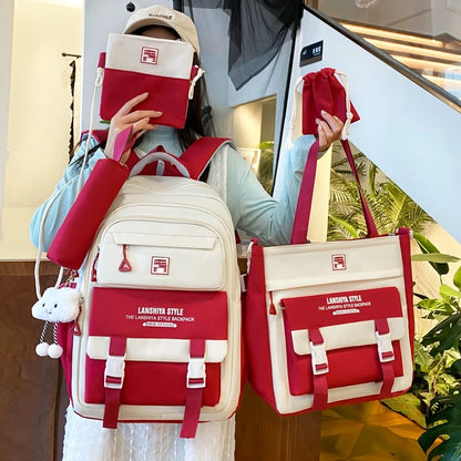 5pcs solid color backpack set, large capacity backpack, simple handbag and coin purse, casual crossbody bag, pencil case handbag