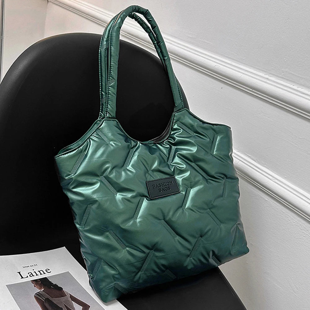 Women Solid Puffer Bag Versatile Quilted Shoulder Bag Big Capacity Down Tote Handbags Casual Winter Shopper Bag